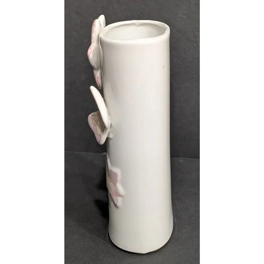 Vintage 3D Porcelain Bud Vase Pink Lily Butterfly Applied Flower Ceramic 5.5